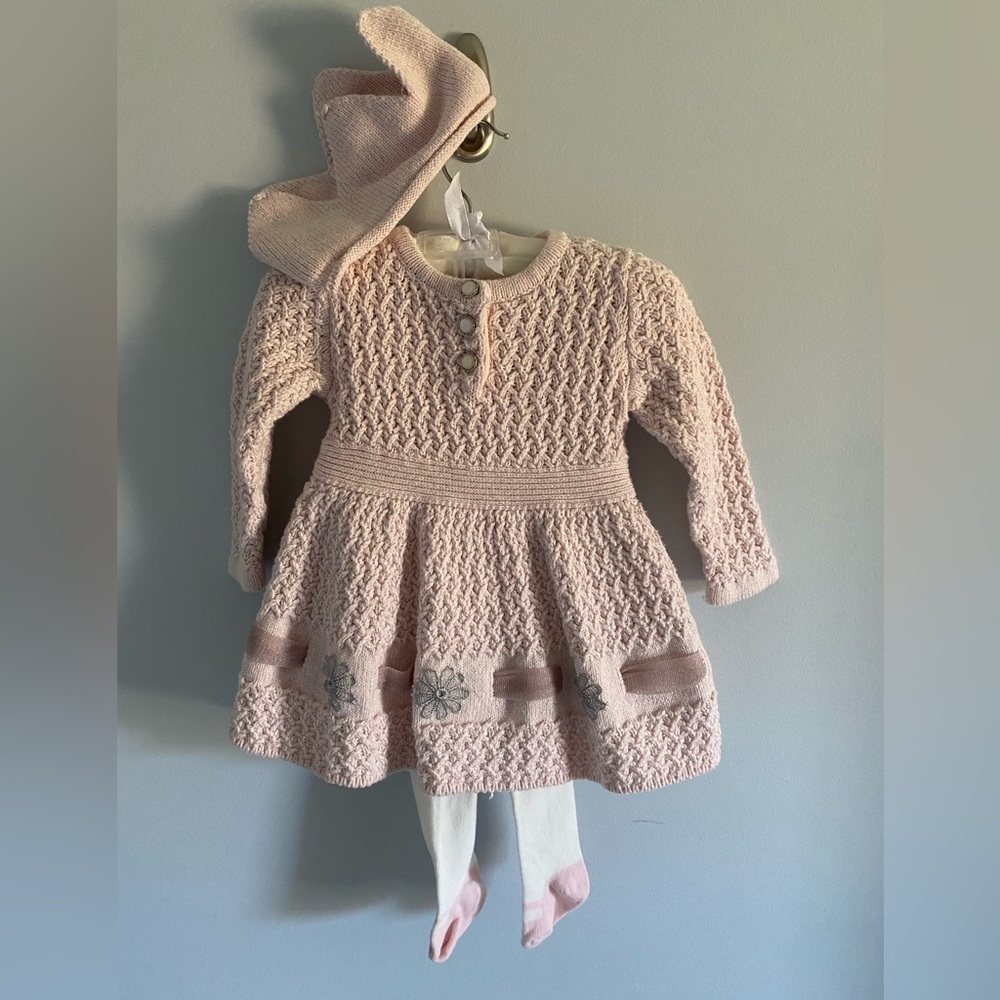 Baby girl sweater dress with tights and headband